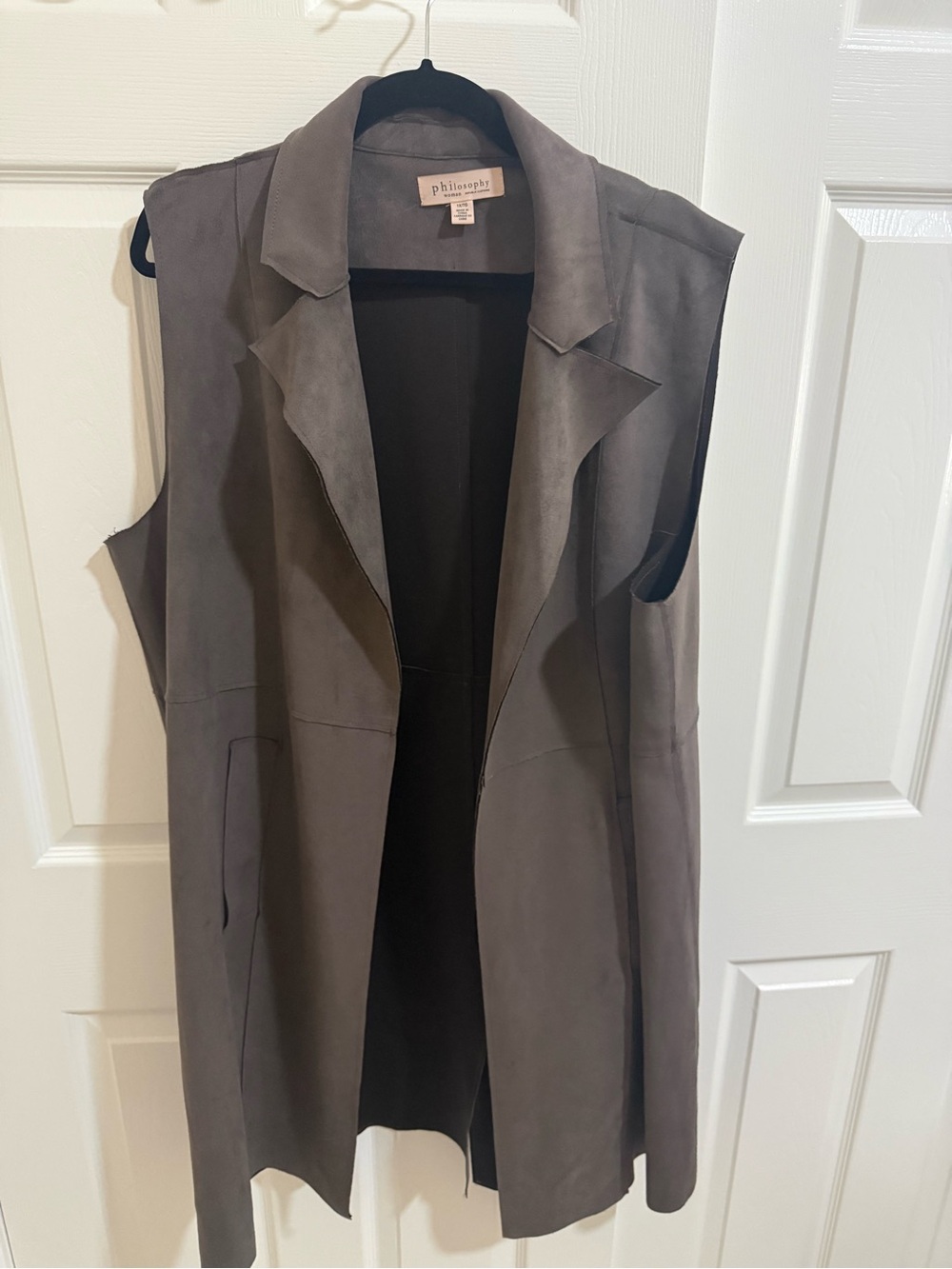 Philosophy Sleeveless Open-Front Long Vest in Charcoal